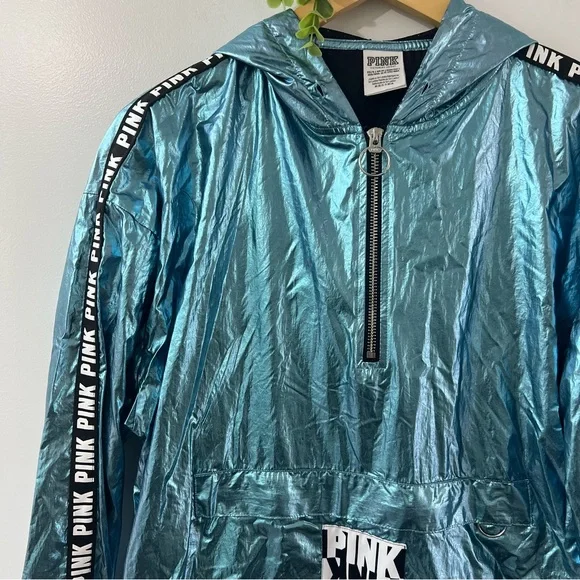 Victoria’s Secret PINK Jacket Anoeak Blue Metallic Windbreaker Hoodie - Picture 2 of 10
